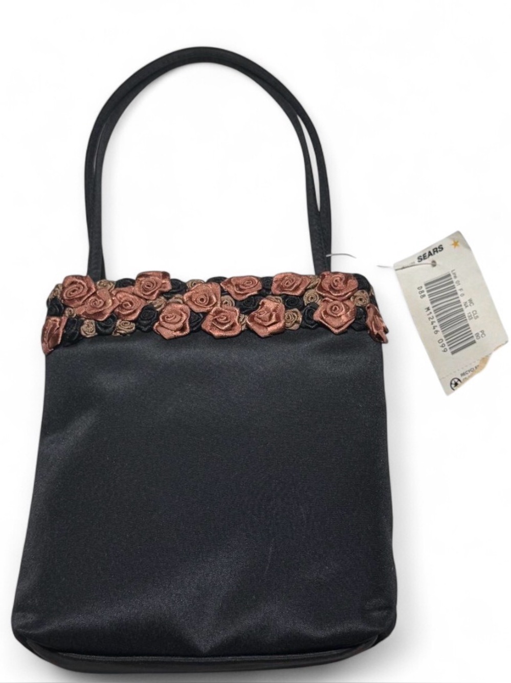 NWT VTG Sears Black Satin Rose Handbag Crossbody Shoulder Bag Pink Brown Floral